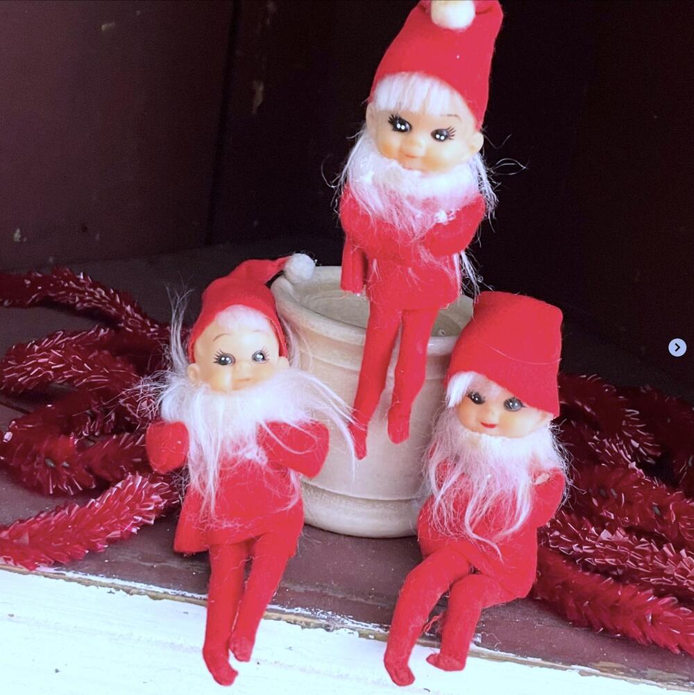 Vintage Christmas Knee Hugger Elf Pixie Rubber Face Mini Santa Beard Japan SETx3